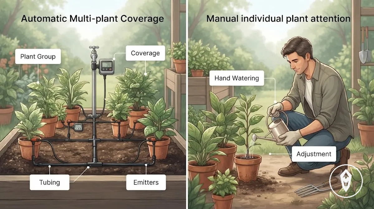 Automatic watering kit and manual watering comparison showing plant groups and individual plant attention