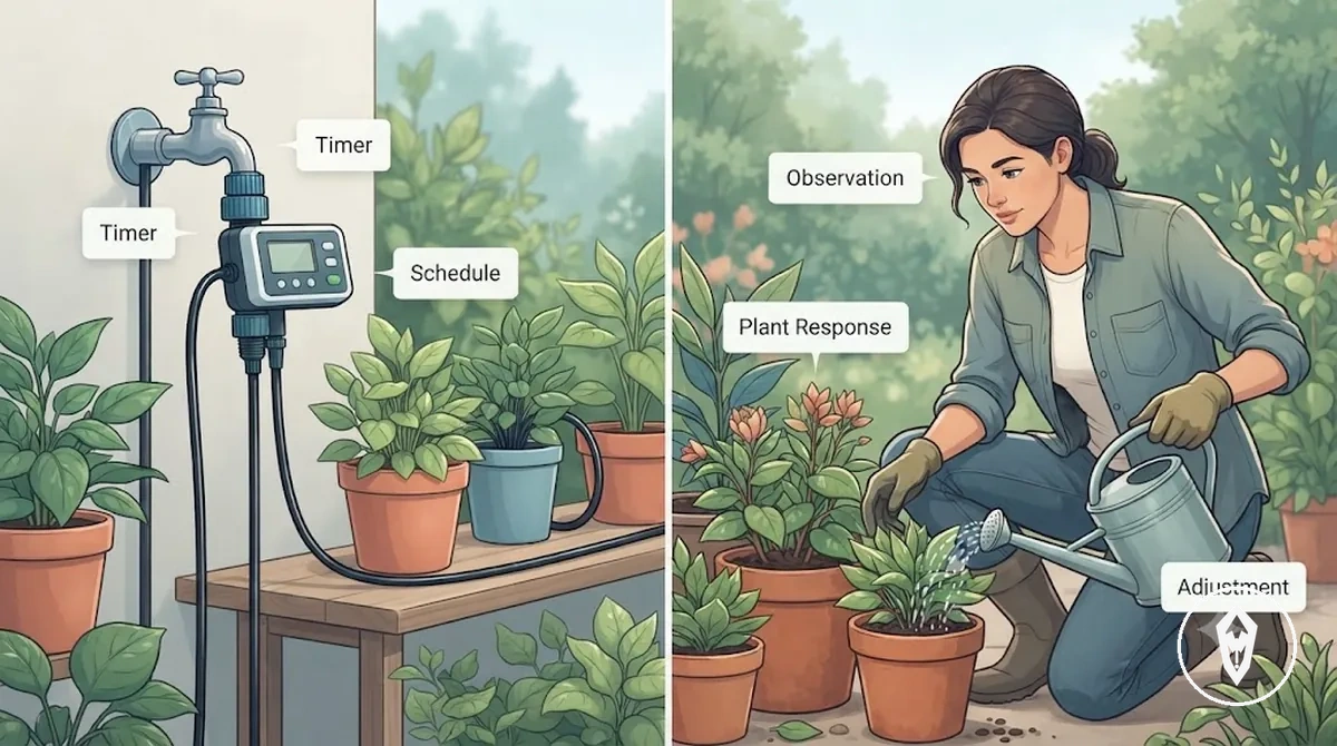 Automatic watering kit timer and manual watering comparison showing scheduled delivery and plant observation