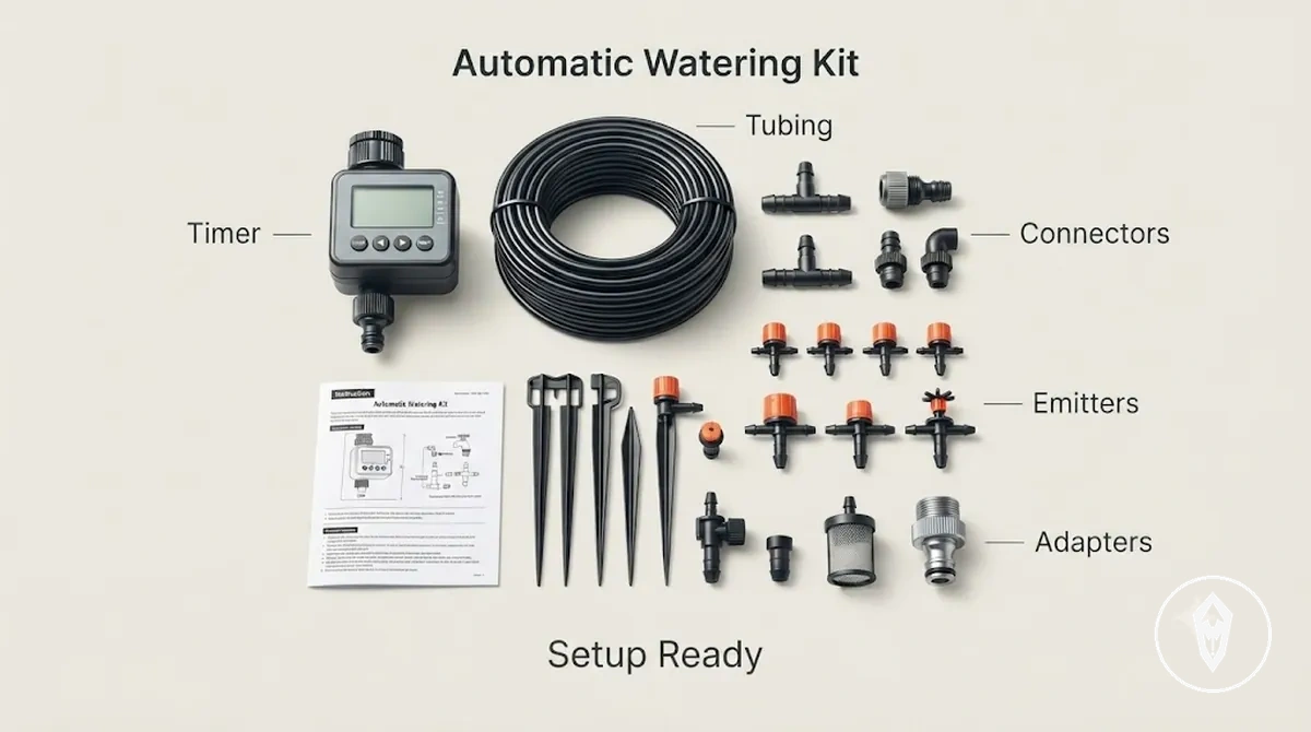 Annotated automatic watering kit contents showing timer tubing connectors emitters and fittings
