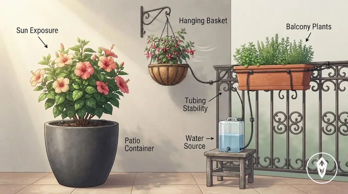 Patio containers hanging baskets and balcony plants with vacation watering kit tubing and drip emitters