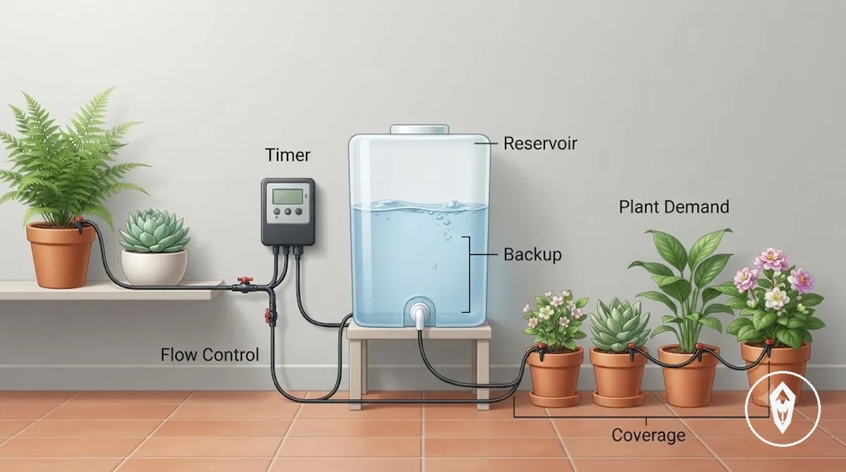 Automatic watering kit requirements for vacation watering with a timer, reservoir, tubing, drippers, and potted plants
