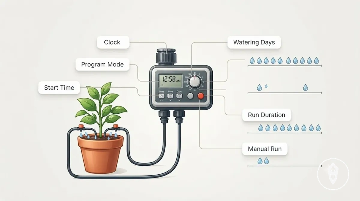 Diagram showing timer settings that control watering cycles with timer controls, tubing, emitter output, and plant watering