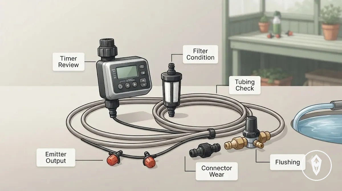 Automatic watering kit seasonal checks showing storage preparation restart and component inspection