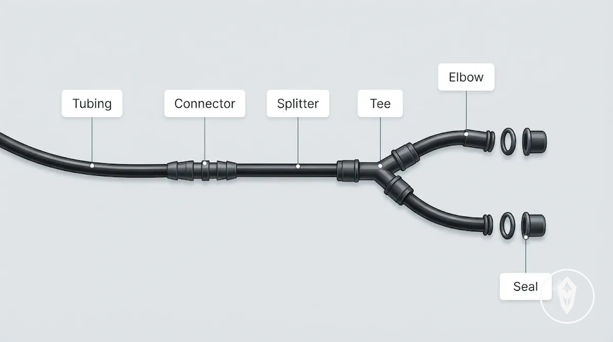 Automatic watering kit tubing, connectors, splitters, and fittings arranged for fit comparison