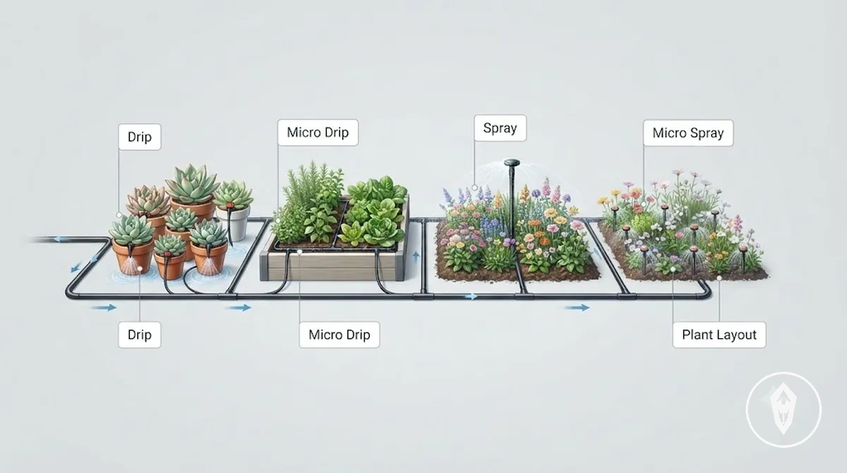 Delivery-based automatic watering kit types showing drip outlets, spray heads, tubing, water paths, and plant placement