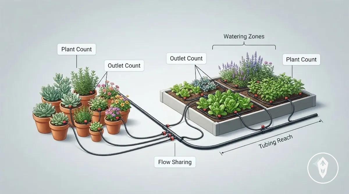 Automatic watering kit plant count and watering zones with tubing and emitters