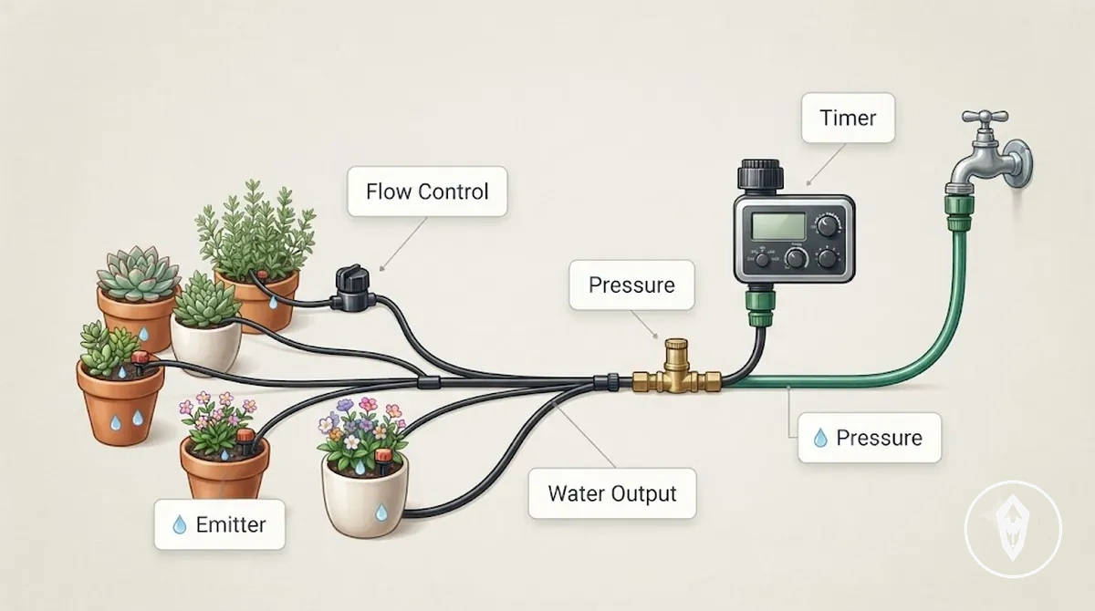 Diagram showing how timer settings, flow output, and pressure work together in an automatic watering kit