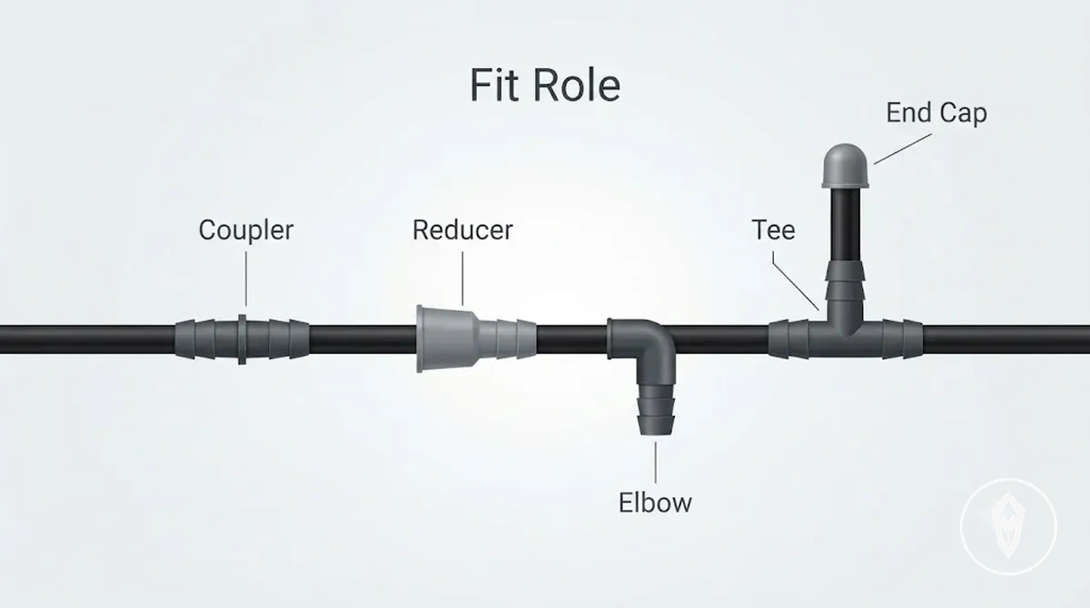 Connector fitting types for automatic watering kit tubing including tee elbow reducer and end cap