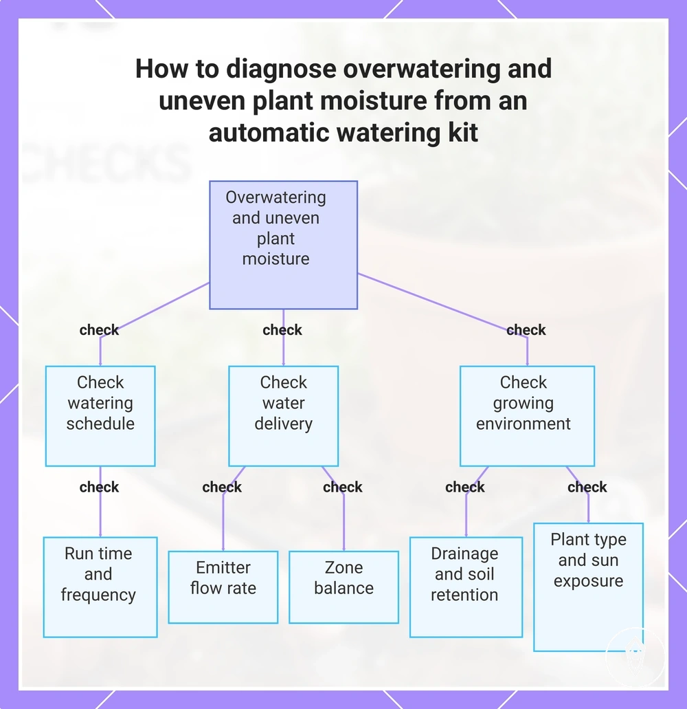 How to diagnose overwatering and uneven plant moisture from an automatic watering kit