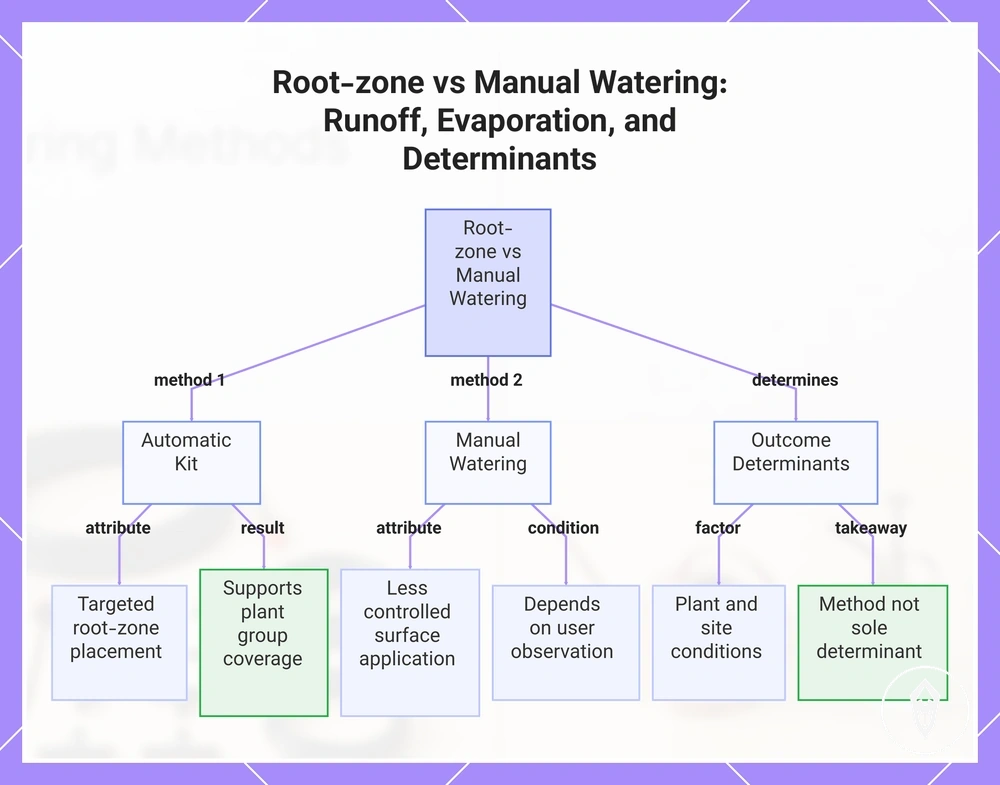 Root-zone vs Manual Watering: Runoff, Evaporation, and Determinants