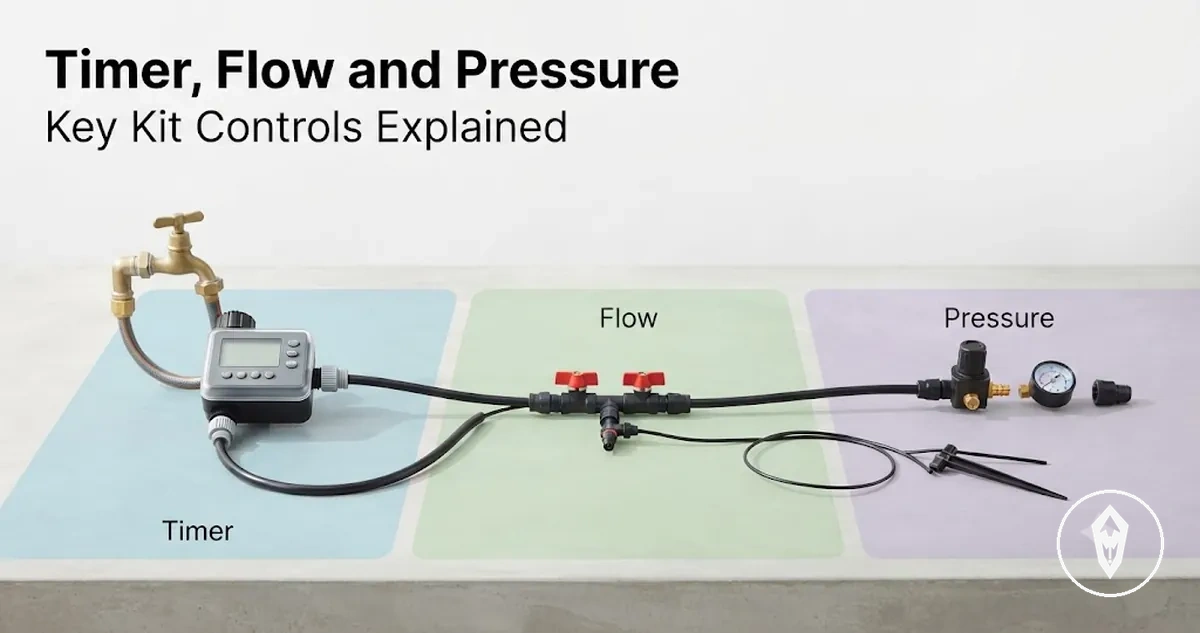 Automatic watering kit timer connected to tubing with flow controls and pressure-related parts