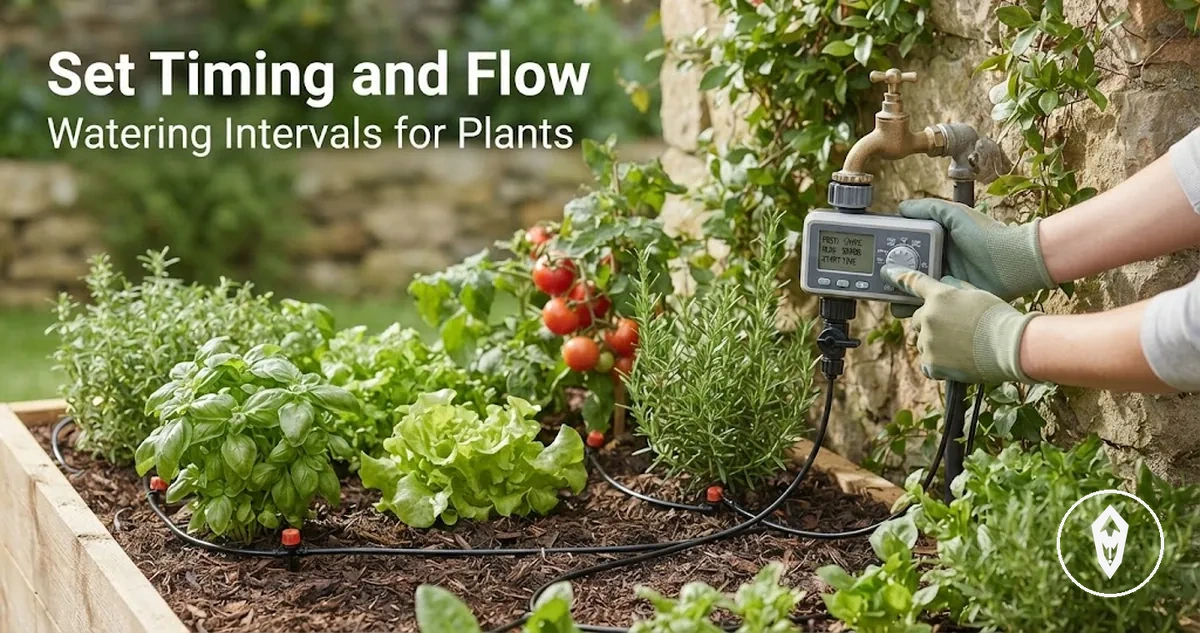 Automatic watering kit timer and flow controls being set for plant watering intervals