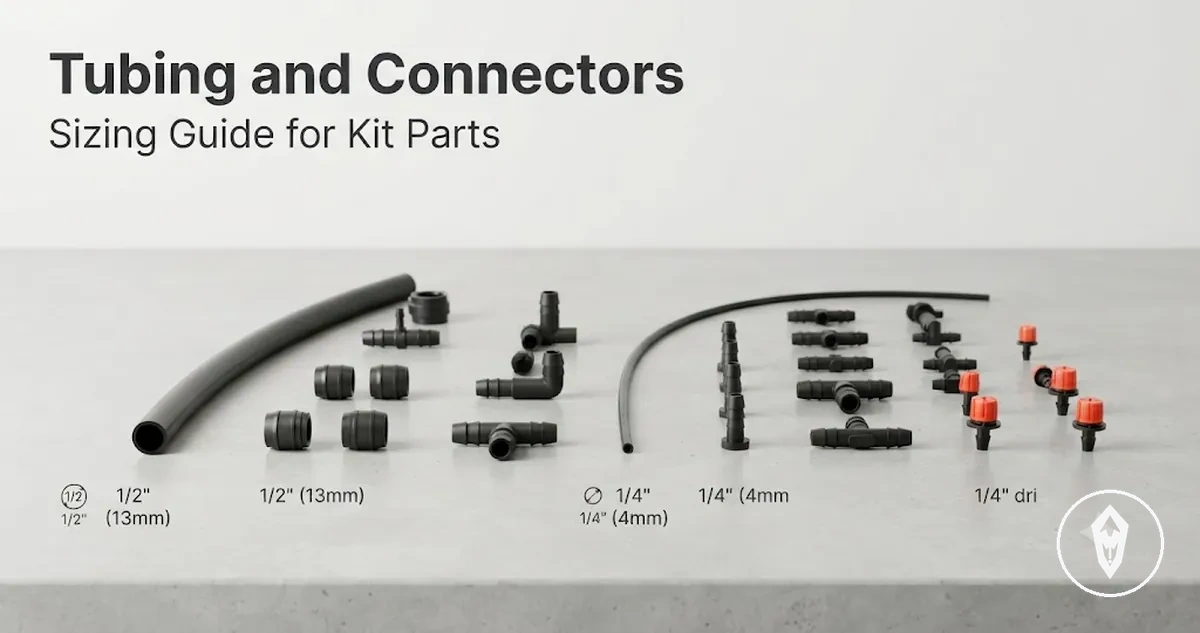 Automatic watering kit tubing, barbed connectors, splitters, and fittings arranged for sizing comparison