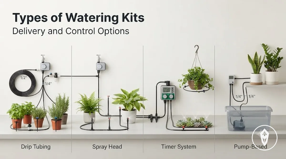 Different types of automatic watering kits showing drip tubing, spray heads, timer control, and pump-based layouts