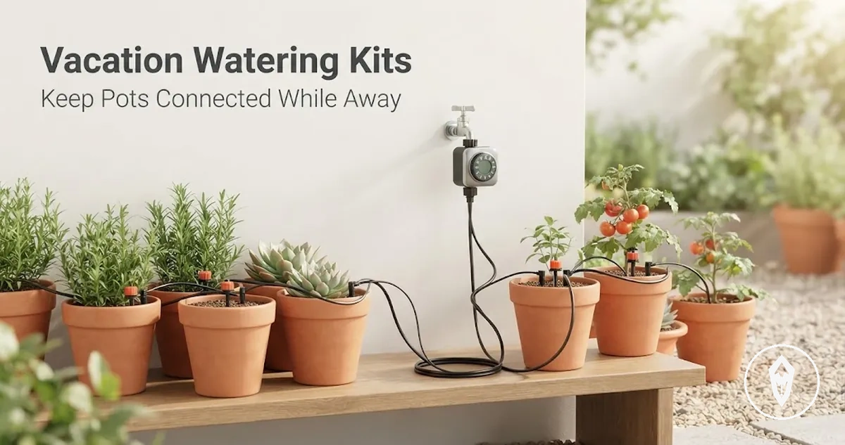 Automatic watering kit connected to potted plants for unattended vacation watering