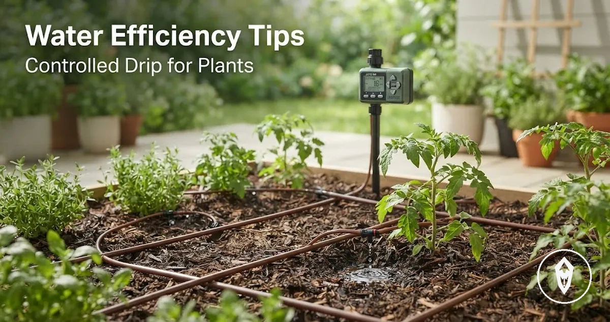 Automatic watering kit delivering controlled drip irrigation to plants for efficient water use