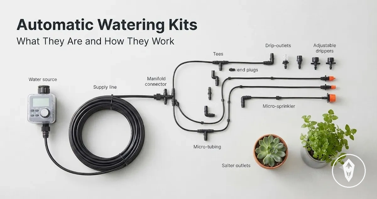 Basic automatic watering kit showing a timer, tubing, connectors, and drip outlets for plants