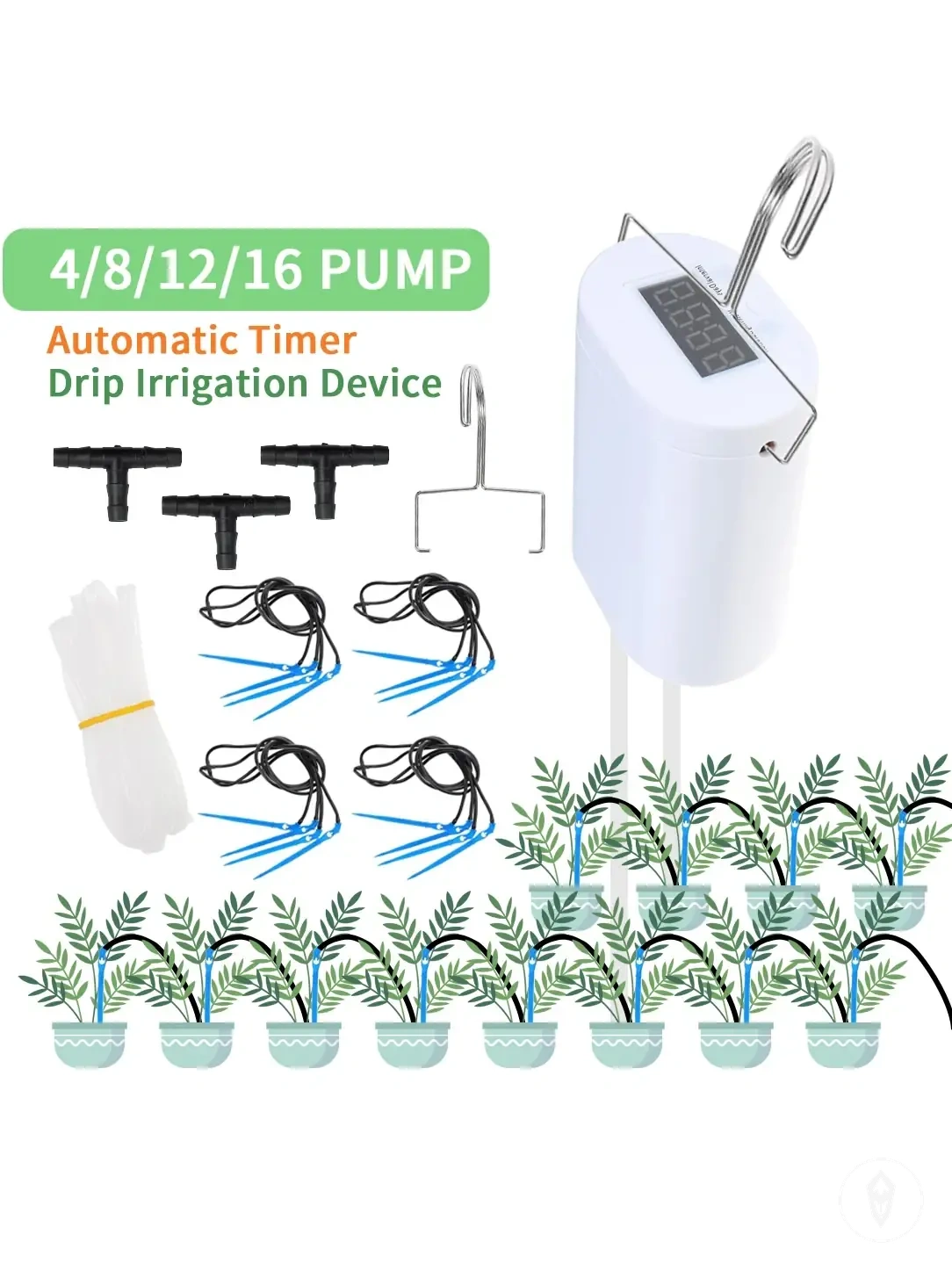 Kit de riego con bomba temporizada y varios cabezales para riego de plantas de jardín