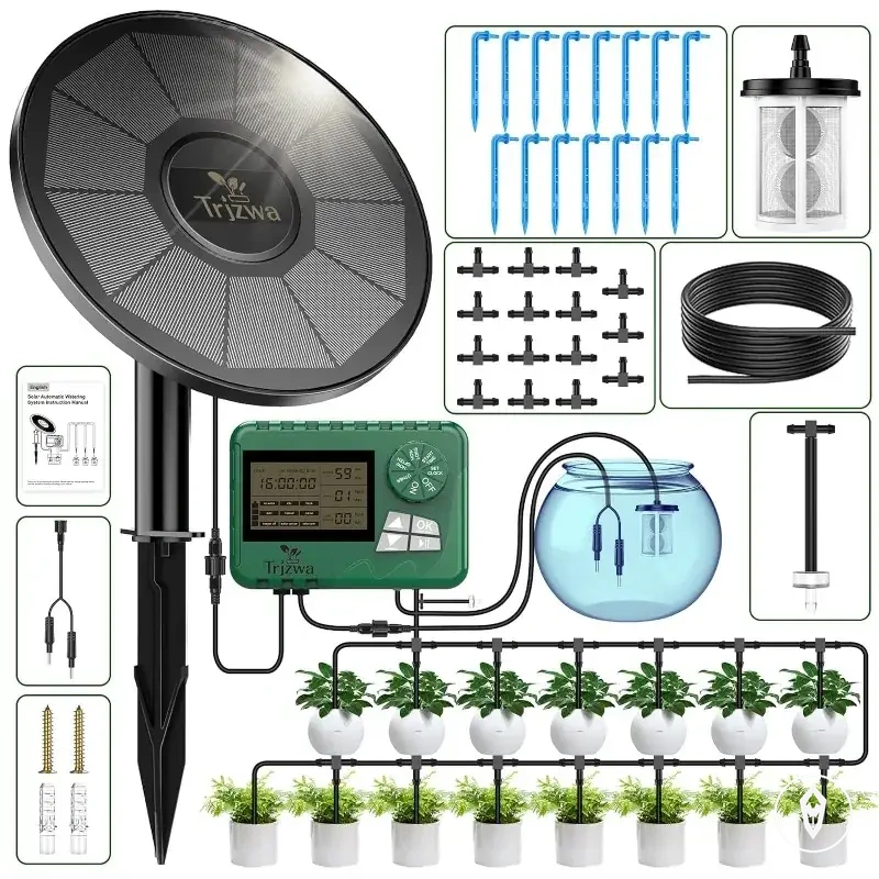 Kit solar de riego por goteo con manguera de 15 m y temporizador automático para plantas en maceta