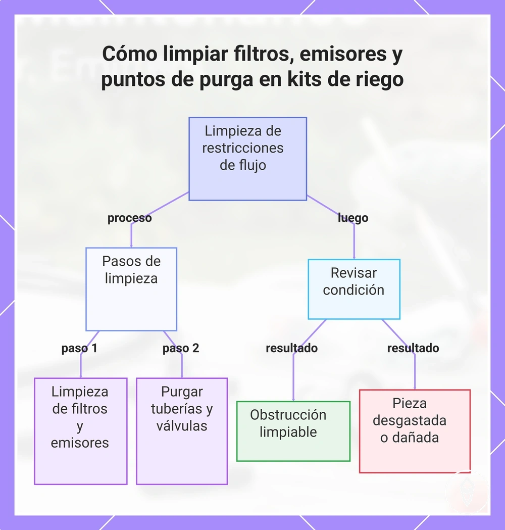 Cómo limpiar filtros, emisores y puntos de purga en kits de riego