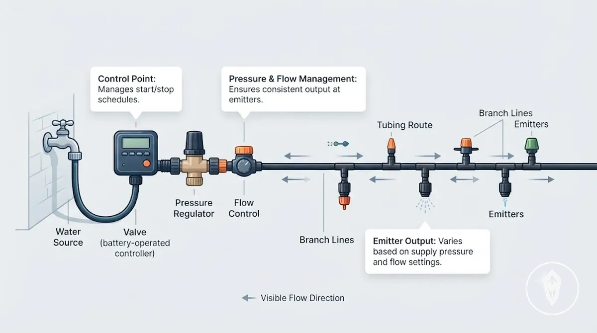 Diagrama del kit de riego automático: fuente de agua, regulador de presión, válvula, tubos y emisores
