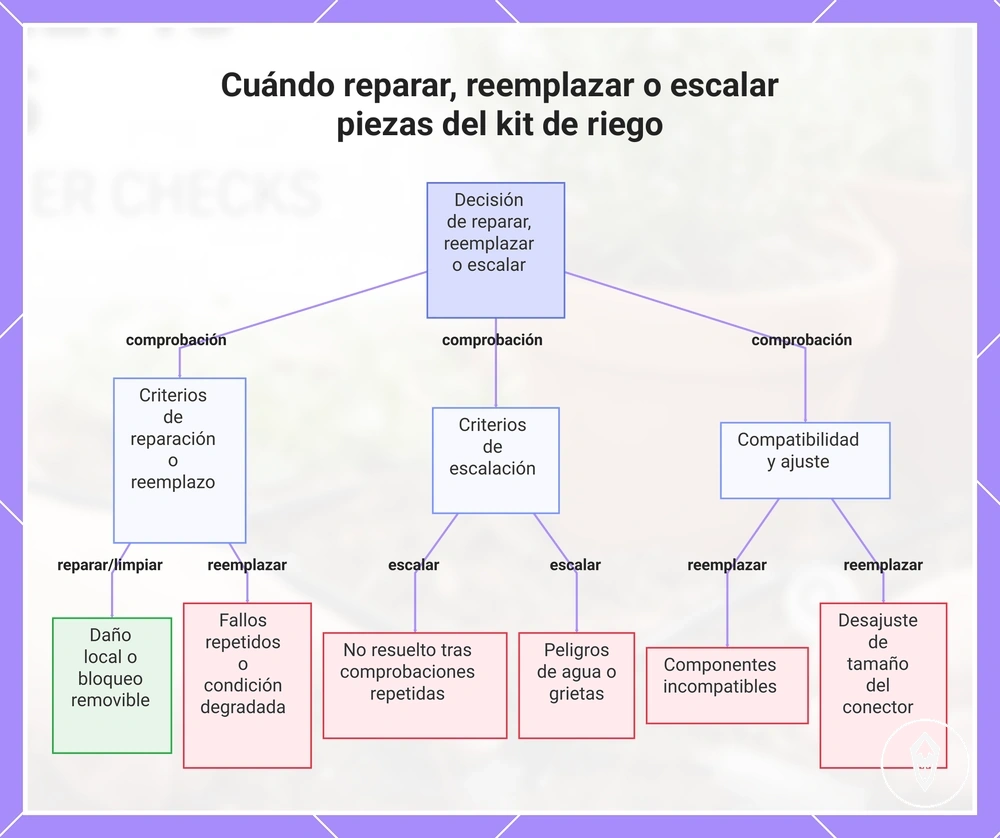 Cuándo reparar, reemplazar o escalar piezas del kit de riego