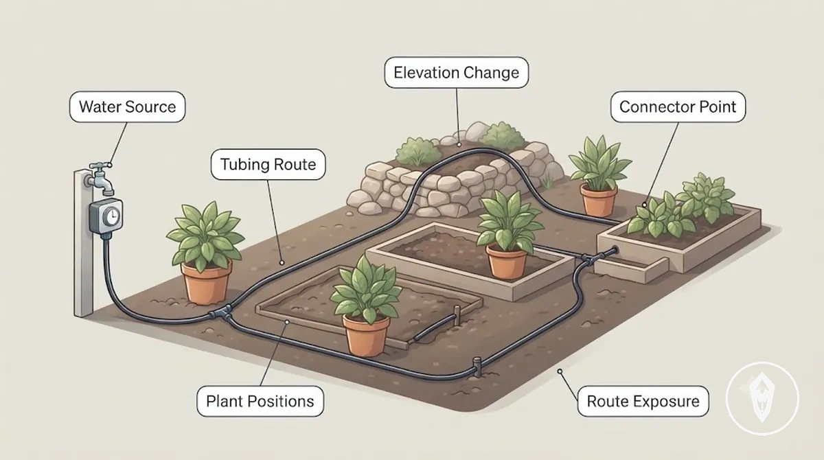 Planificación de la fuente de agua, la ubicación de las plantas y el recorrido de la tubería para la instalación