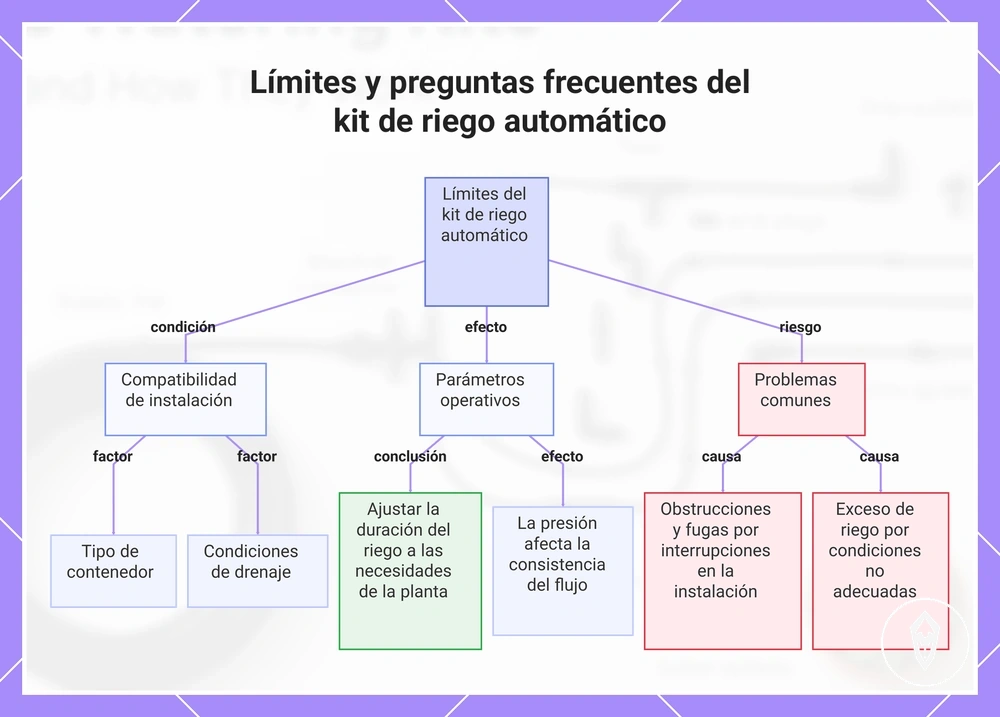 Límites y preguntas frecuentes del kit de riego automático