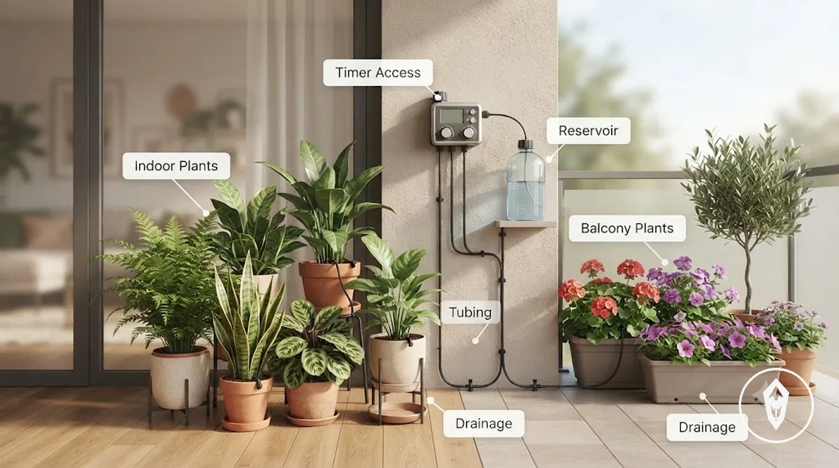 Instalación de kit de riego automático resguardada para plantas de interior y contenedores de balcón