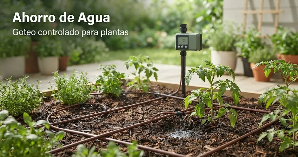 Kit de riego automático que aplica riego por goteo controlado a las plantas para usar el agua con eficiencia