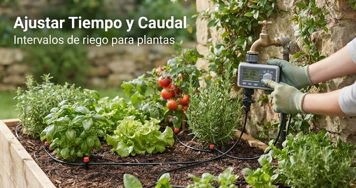 Temporizador y controles de caudal de un kit de riego automático configurados para intervalos de riego de plantas