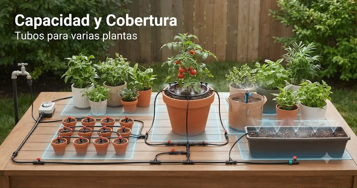 Distribución de un kit de riego automático con tubos que cubren varias plantas y macetas