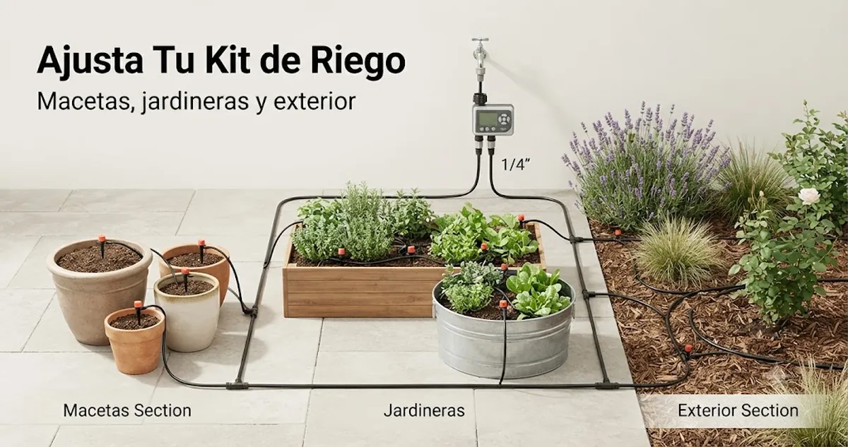Kit de riego automático conectado a macetas, jardineras y plantas de exterior para mostrar la compatibilidad de la instalación