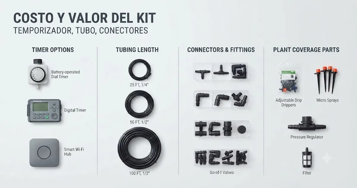 Piezas de un kit de riego automático colocadas para comparar valor por temporizador, longitud de tubo, conectores y cobertura