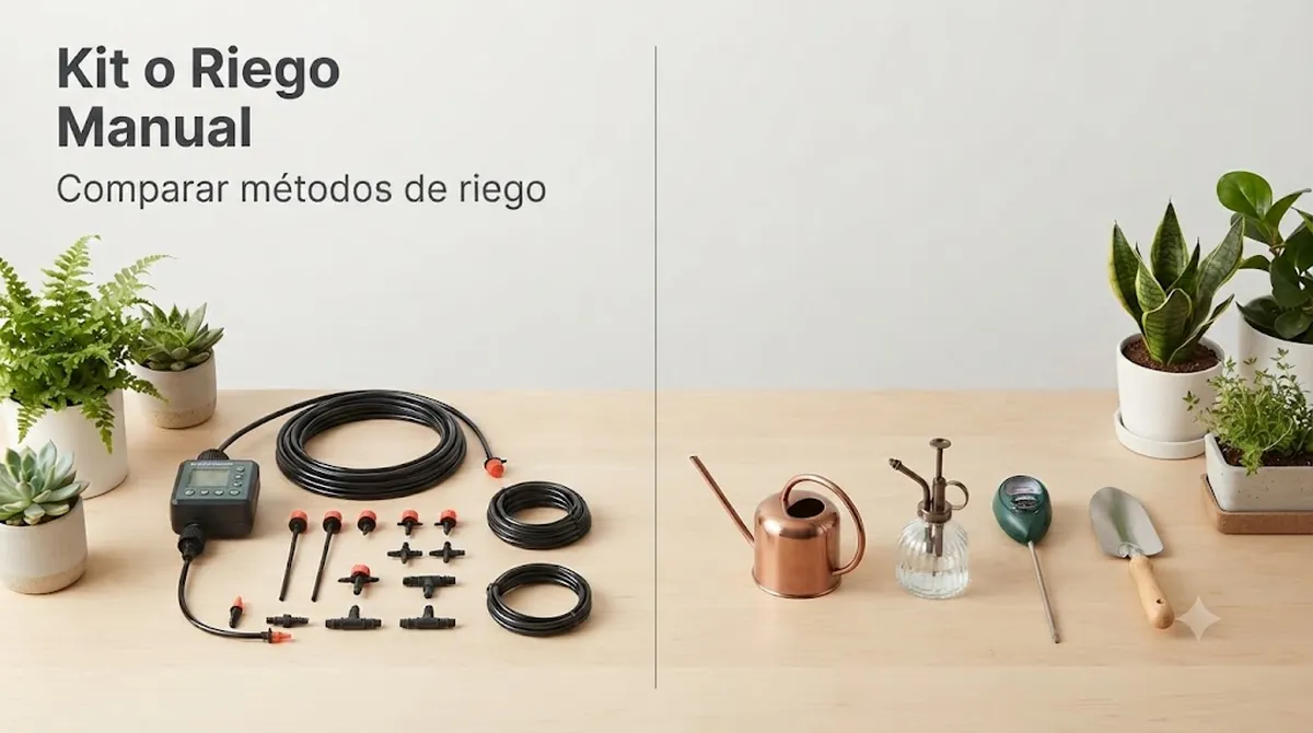 Instalación de un kit de riego automático comparada con herramientas de riego manual para decidir cómo regar las plantas