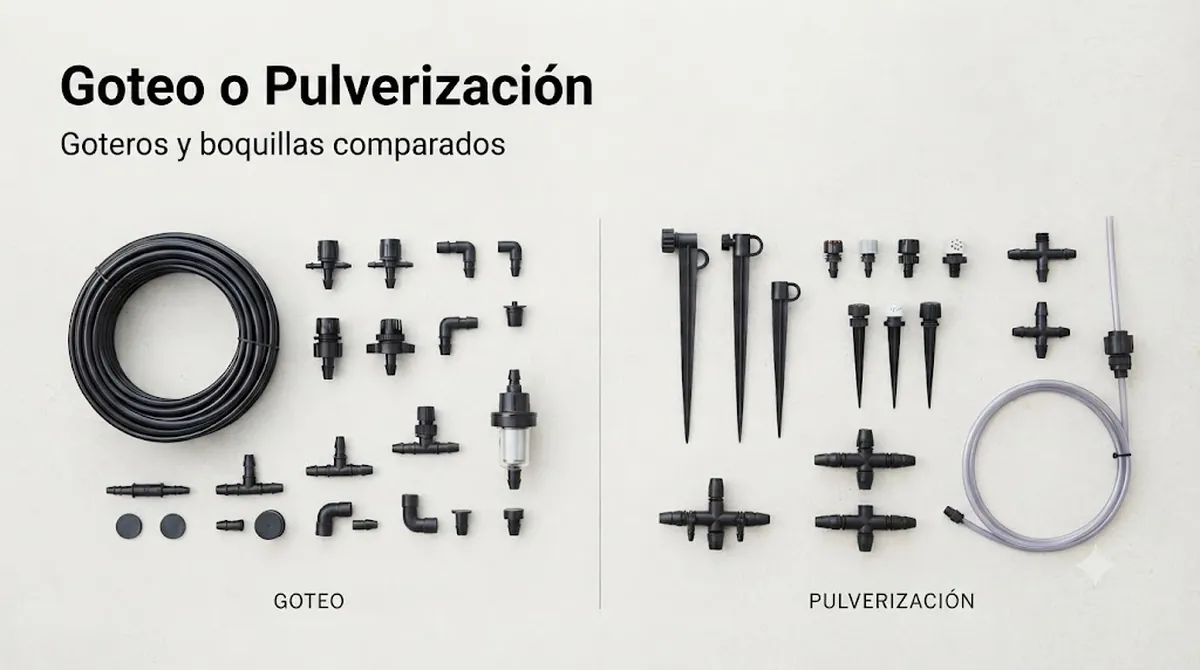 Comparación de piezas de kits de riego automático por goteo y pulverización con goteros y boquillas pulverizadoras