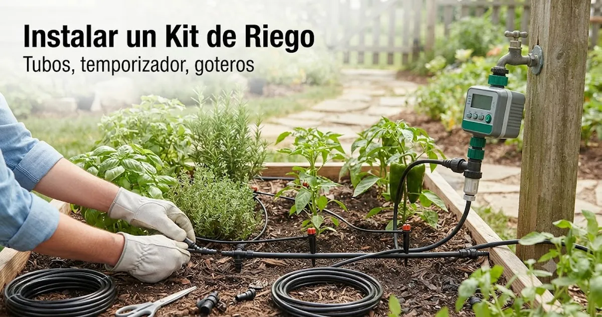 Instalación de un kit de riego automático con conexiones de tubos, colocación del temporizador y goteros junto a las plantas