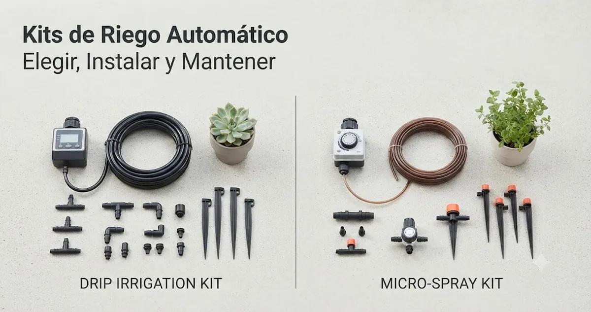 Kit de riego automático con tubos, temporizador, conectores y piezas de riego para plantas colocadas para comparar