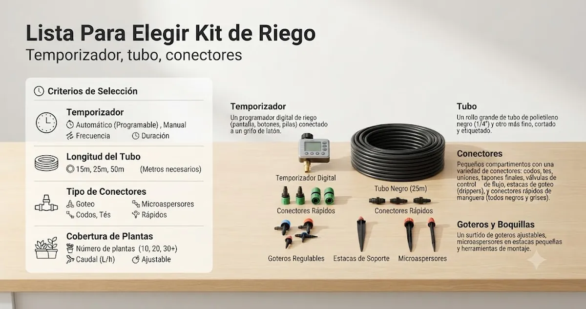 Lista de selección de un kit de riego automático con criterios de temporizador, longitud de tubo, tipo de conector y cobertura de plantas