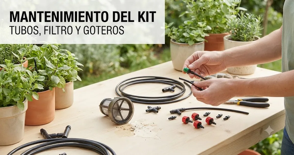 Mantenimiento de un kit de riego automático con tubos, conectores, filtro y goteros en revisión