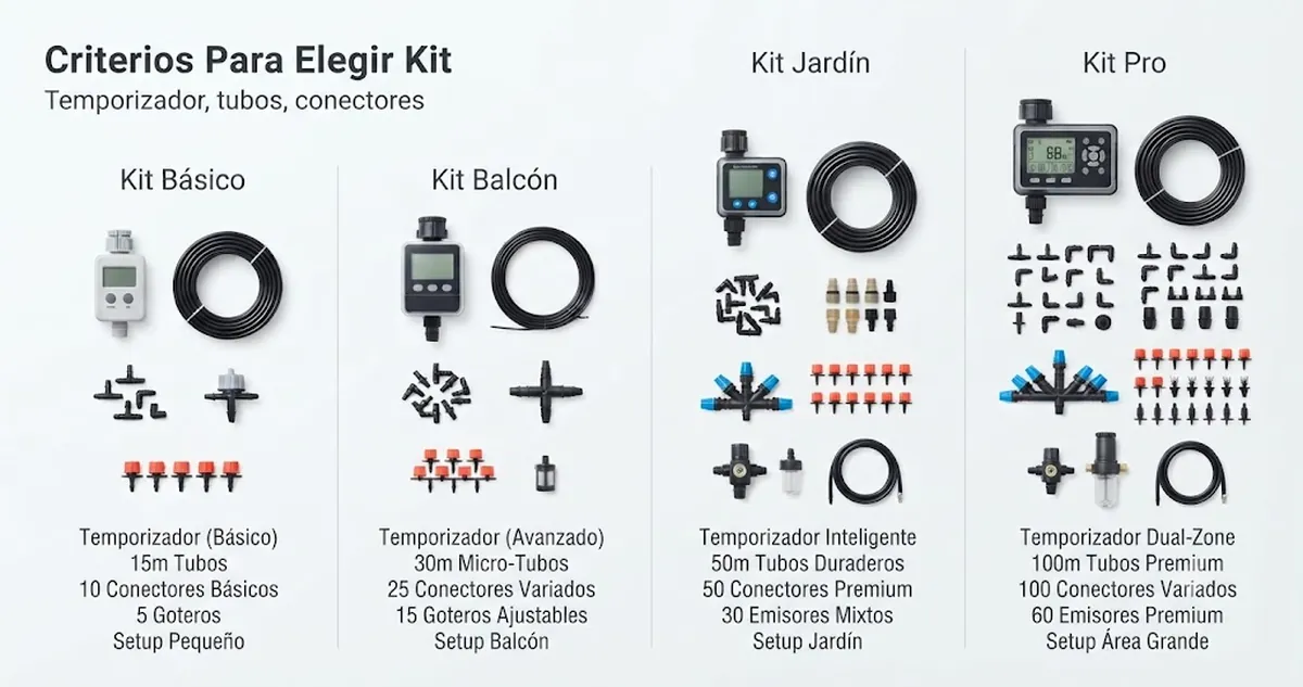 Opciones de kits de riego automático organizadas por temporizador, tubos, conectores, cobertura y tipo de instalación
