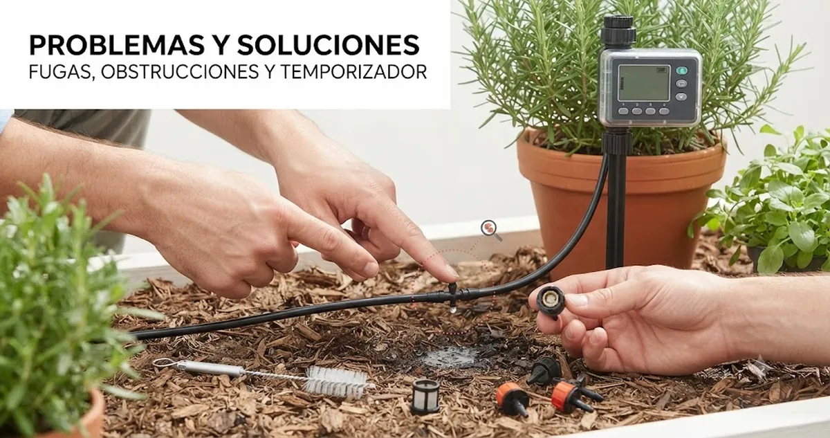 Escena de solución de problemas de un kit de riego automático con tubos con fugas, goteros obstruidos y controles del temporizador