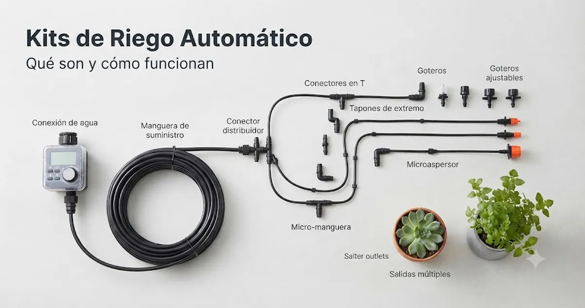 Kit básico de riego automático con temporizador, tubos, conectores y salidas de goteo para plantas