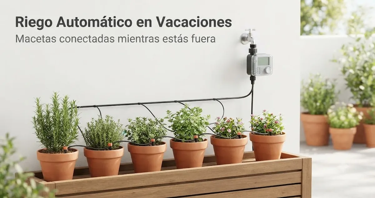 Kit de riego automático conectado a plantas en maceta para riego sin supervisión durante las vacaciones