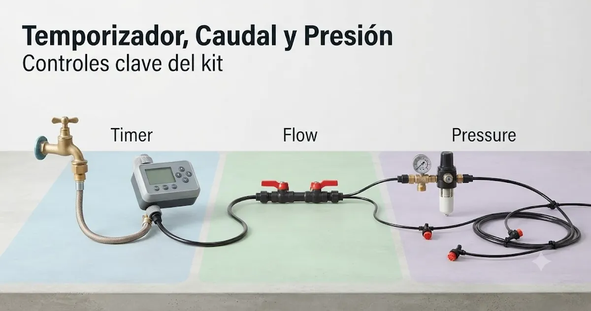 Temporizador de kit de riego automático conectado a tubos con controles de caudal y piezas de presión