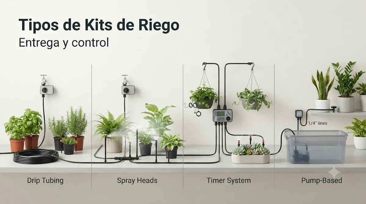 Tipos de kits de riego automático con tubos de goteo, cabezales de pulverización, temporizador y sistemas con bomba
