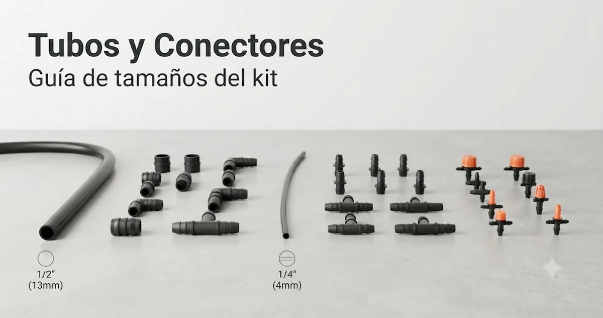 Tubos, conectores de espiga, derivadores y accesorios de un kit de riego automático colocados para comparar tamaños