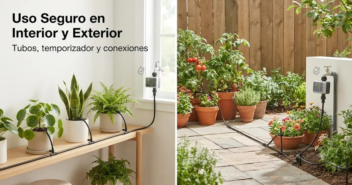 Kit de riego automático usado de forma segura en interior y exterior con tubos, temporizador y conexiones de plantas bien fijados