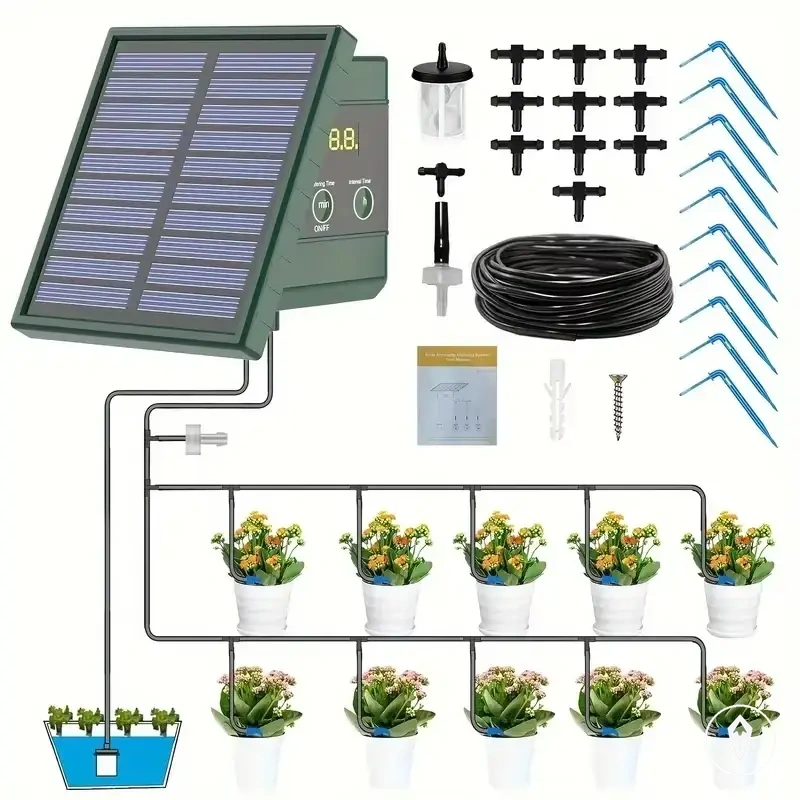 Système solaire d’arrosage goutte-à-goutte avec tuyau et embouts goutteurs pour bacs surélevés et plantes de balcon