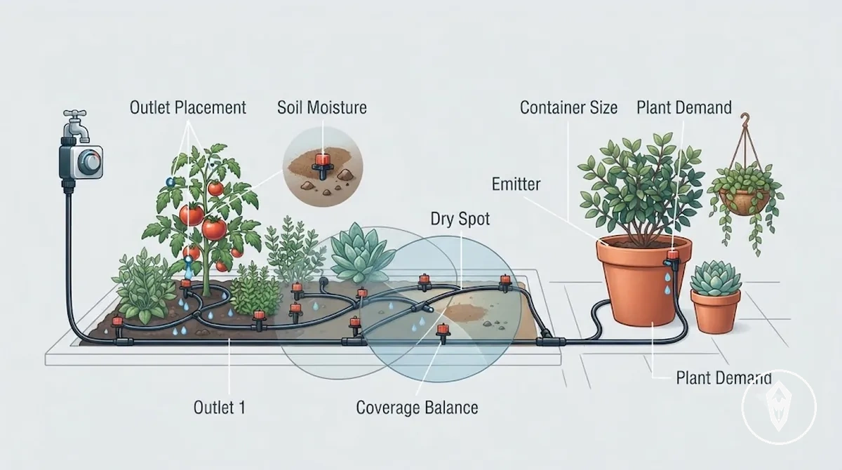 Disposition d arrosage annotée montrant des plantes, des conteneurs, des trajets de tuyaux, l emplacement des sorties et des zones de couverture avec des zones sèches et de chevauchement